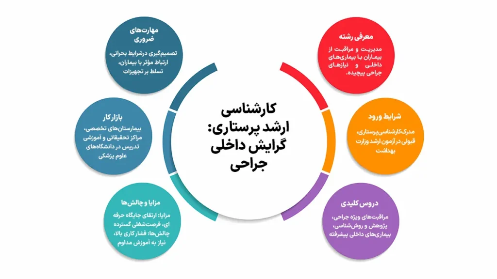 اینفوگرافیک معرفی کارشناسی ارشد پرستاری گرایش داخلی جراحی شامل معرفی رشته، شرایط ورود، دروس کلیدی، مهارتهای ضروری، بازار کار و مزایا و چالشها.