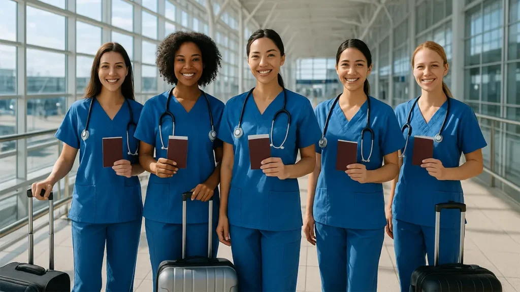 پرستاران پاسپورت به دست در فروگاه