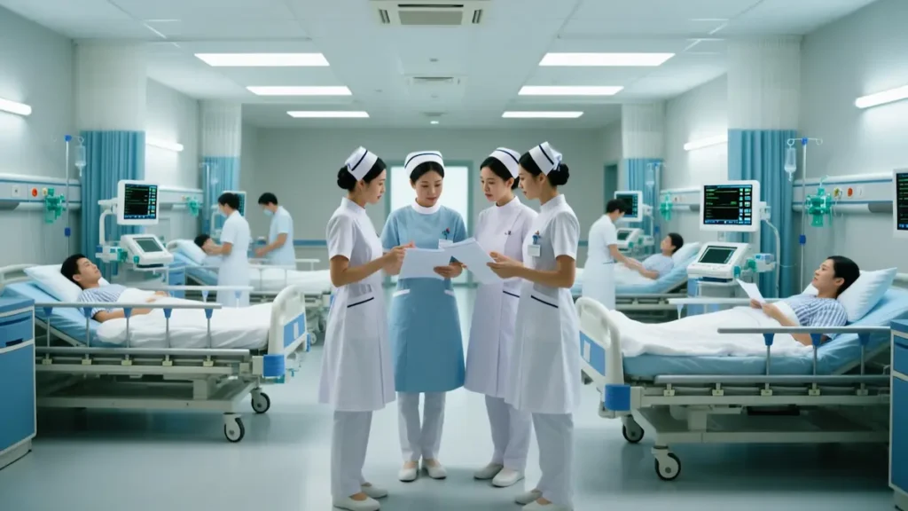 چند پرستار و بیماران رو تخت پشت سرشان