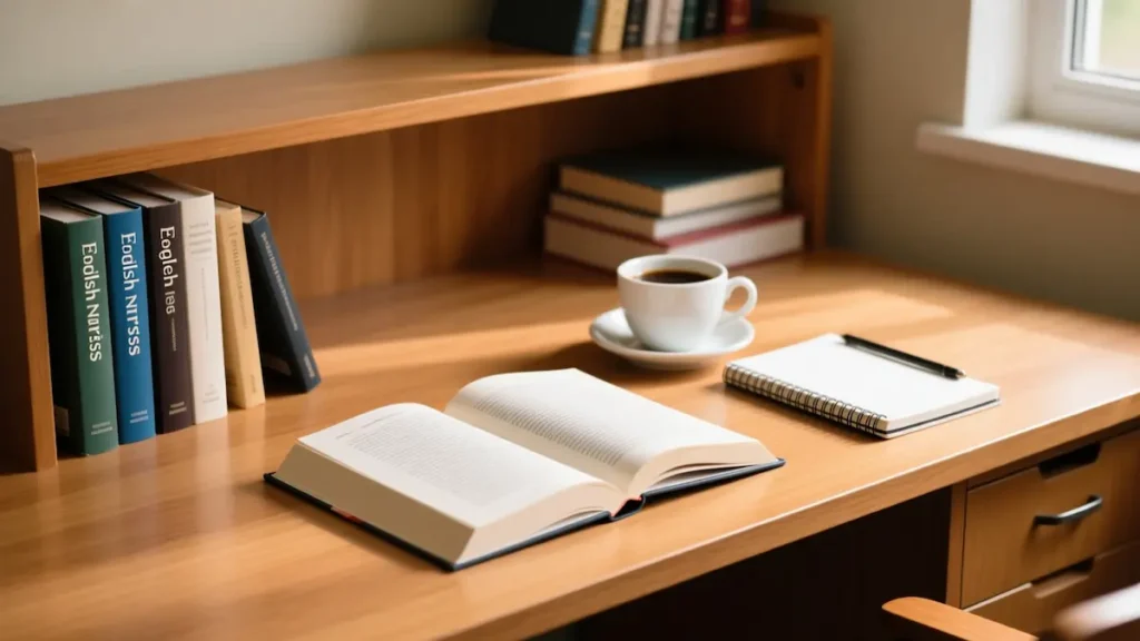 میزو کتاب و قهوه روی میز چوبی